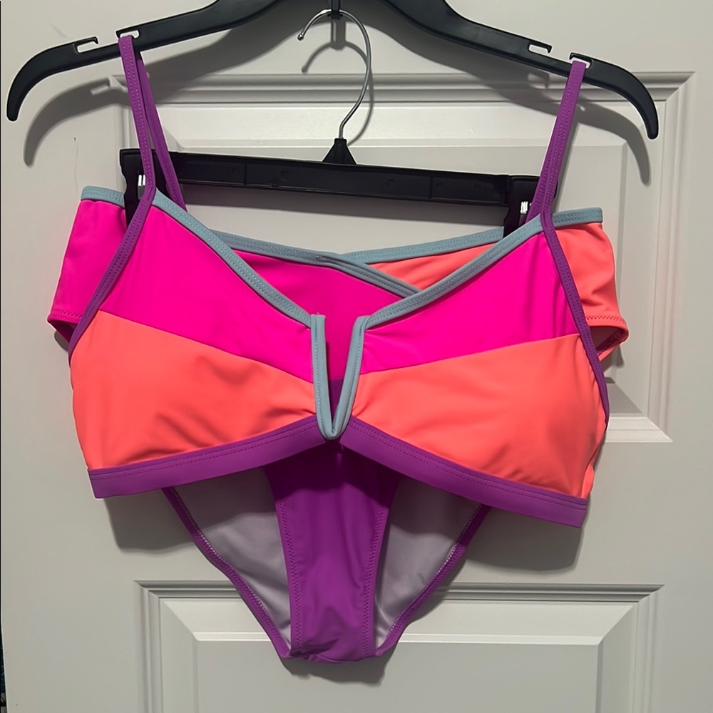 Pink and Orange Color-Block Bikini with Athletic Design